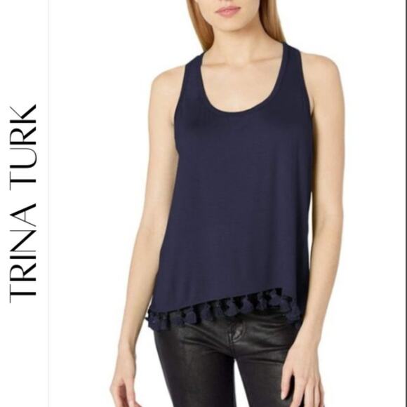Trina Turk Tajo Tassel Hem Jersey Navy Blue Tank, XL - Picture 1 of 9